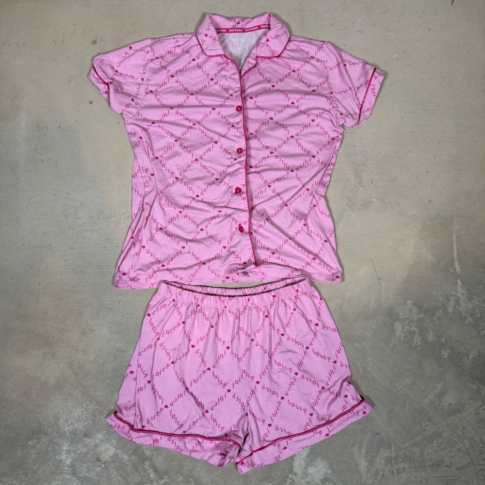 Juicy Couture Pink Logo Heart Pajama Set Short Sleeve Shirt & Shorts Size 10/12